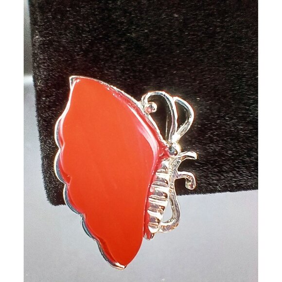 Clip On Earrings Butterfly Wings Orange Lucite Vintage 1950s Silver Tone 1 Inch - Picture 4 of 15